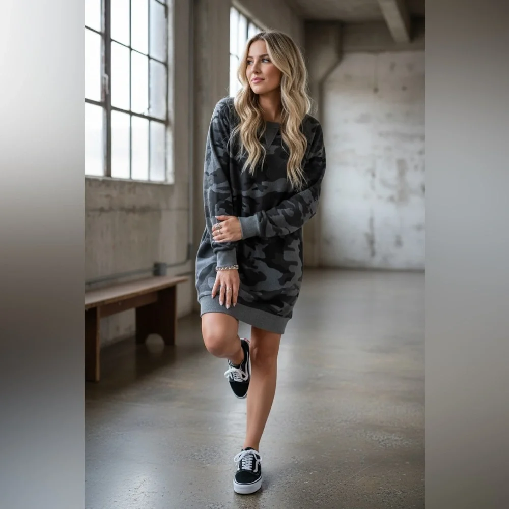 NWT UMGEE Camo Camouflage Sweatshirt Dress Charcoal Grey - Picture 2 of 5